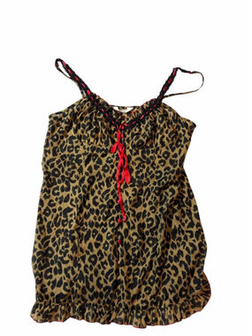 Vintage Y2K Leopard Print Cami Babydoll Top Red Ribbon Lace Trim Fairy Grunge